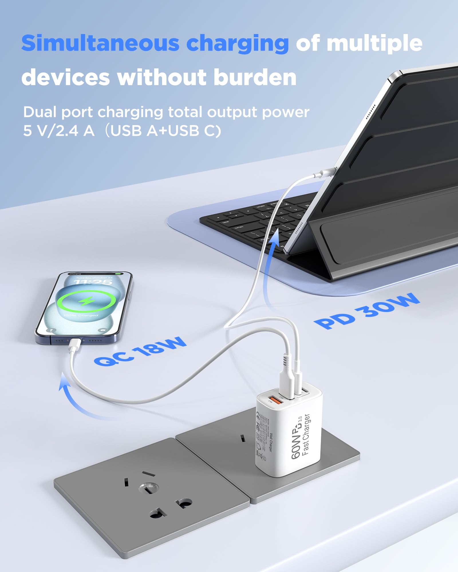 SandFox comparación de tamaño del bloque 60W junto a un smartphone para escala