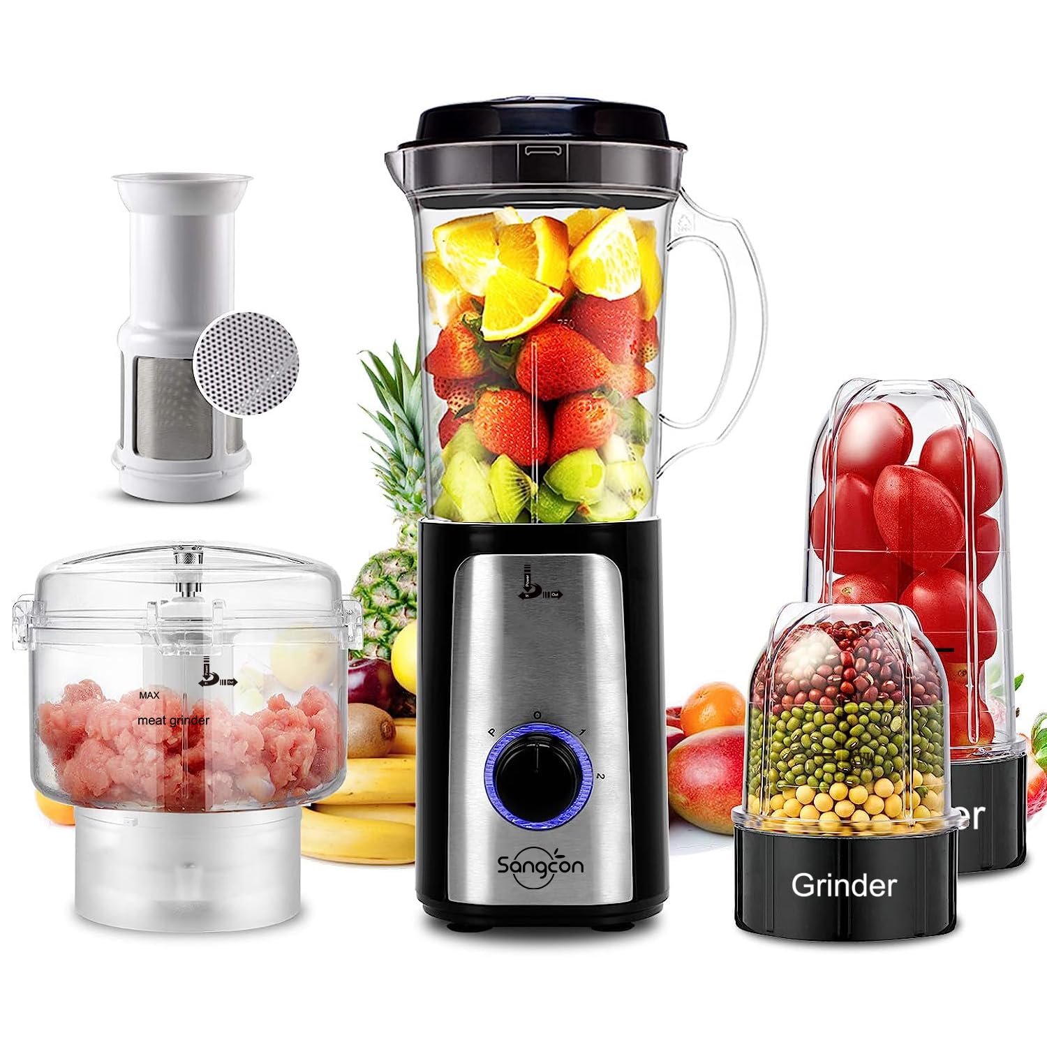 sangcon front view with pitcher showing compact design and quick blending