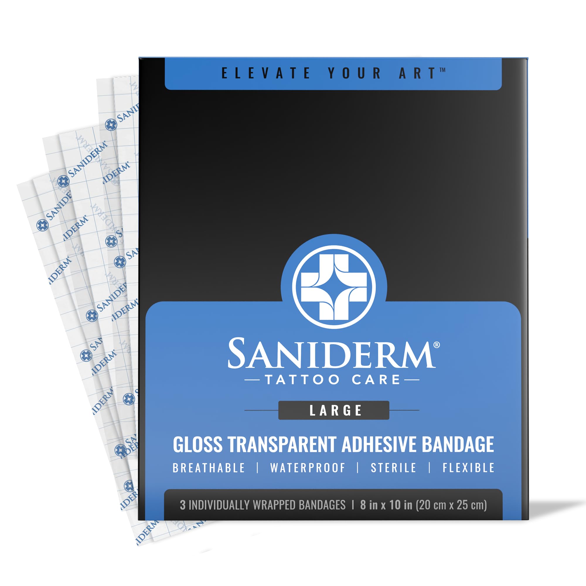 Saniderm frente del empaque mostrando logo y tamaño 8x10 para protección profesional