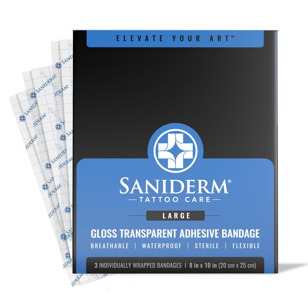 Saniderm frente del empaque mostrando logo y tamaño 8x10 para protección profesional