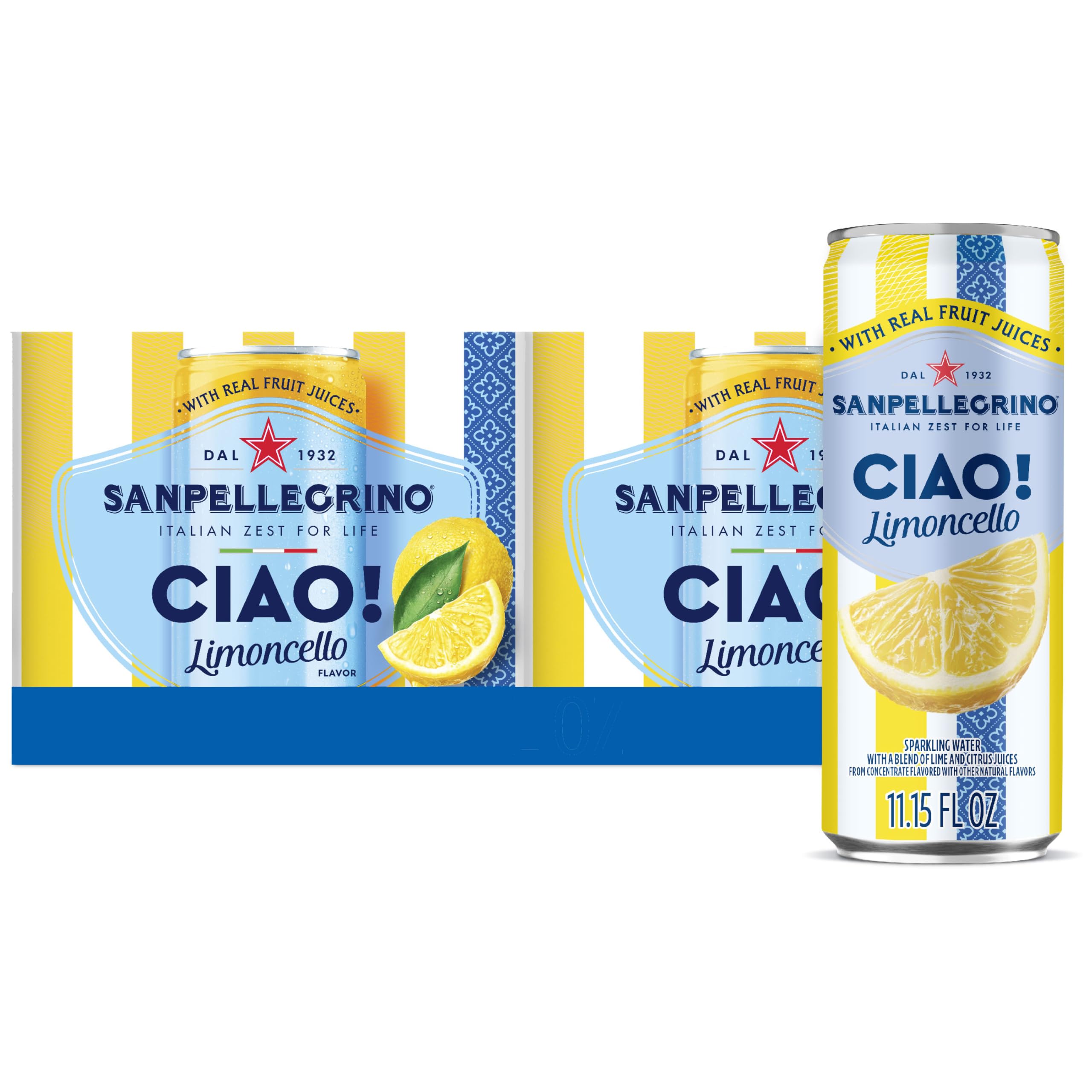 San Pellegrino lata frontal en pack mostrando diseño italiano y refresco inmediato