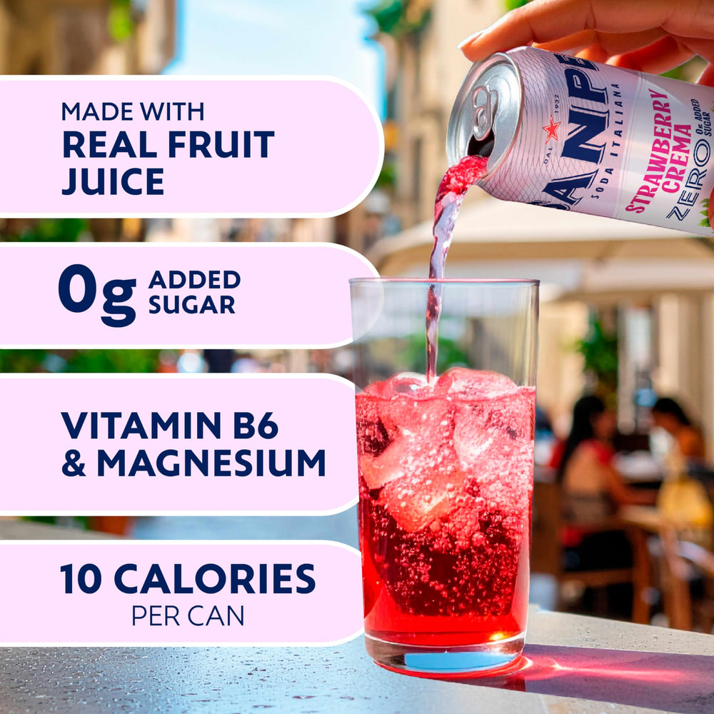 San Pellegrino servido en vaso con hielo y fresa, refresco ideal para reuniones