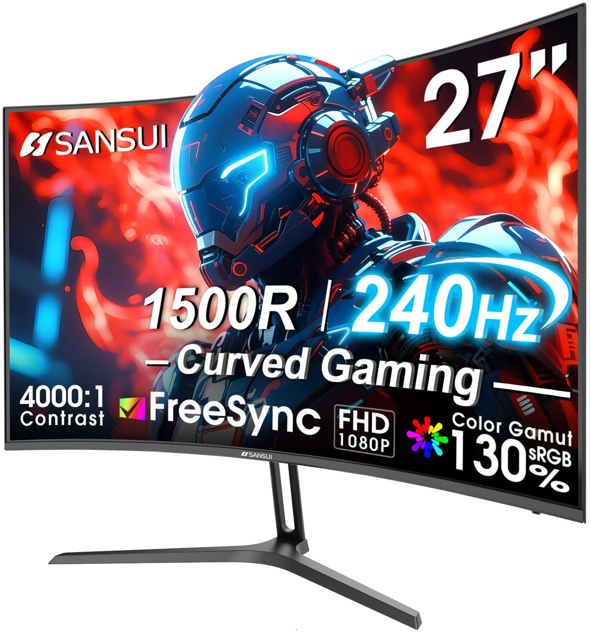 SANSUI vista frontal del monitor curvo 27" que mejora inmersión y rendimiento