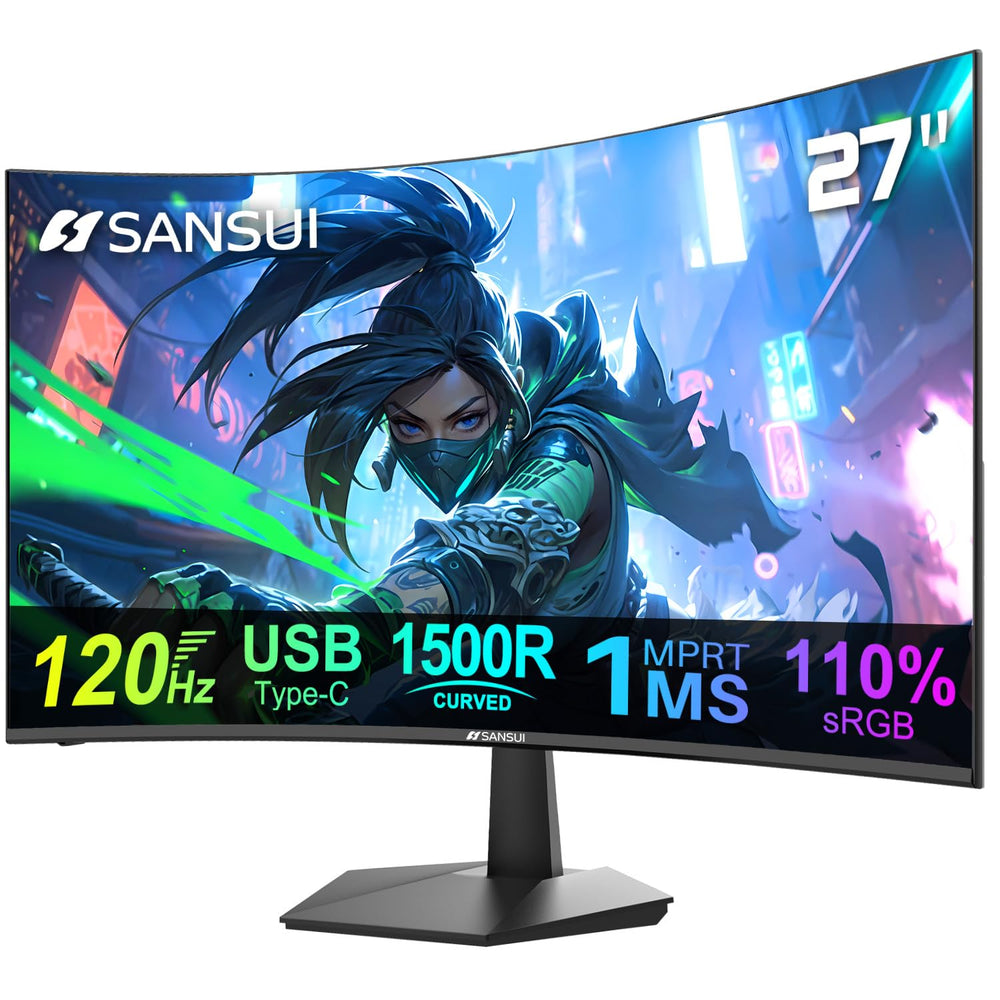 SANSUI monitor curvo 27 pulgadas vista frontal con pantalla nítida y diseño estilizado