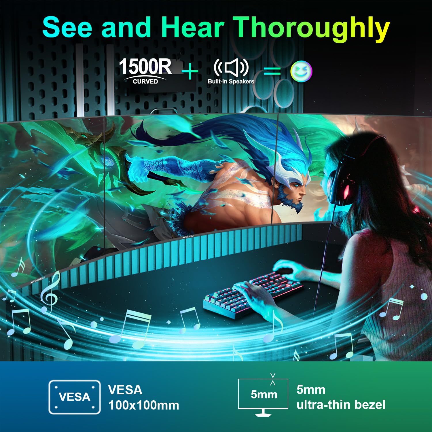 SANSUI puertos USB Type-C y HDMI visibles para conexiones rápidas y versátiles