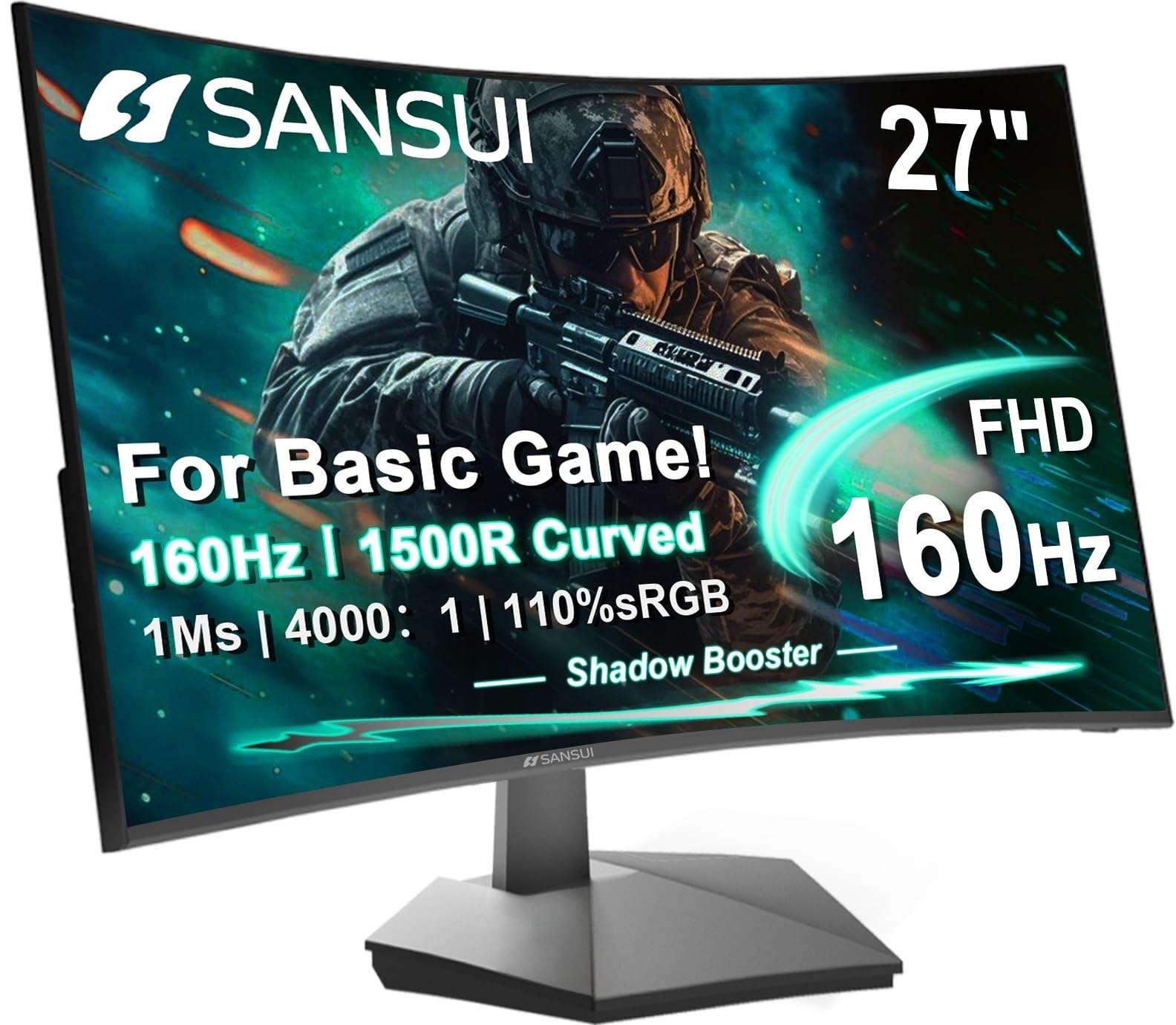 SANSUI vista frontal del monitor curvo 27" con pantalla inmersiva
