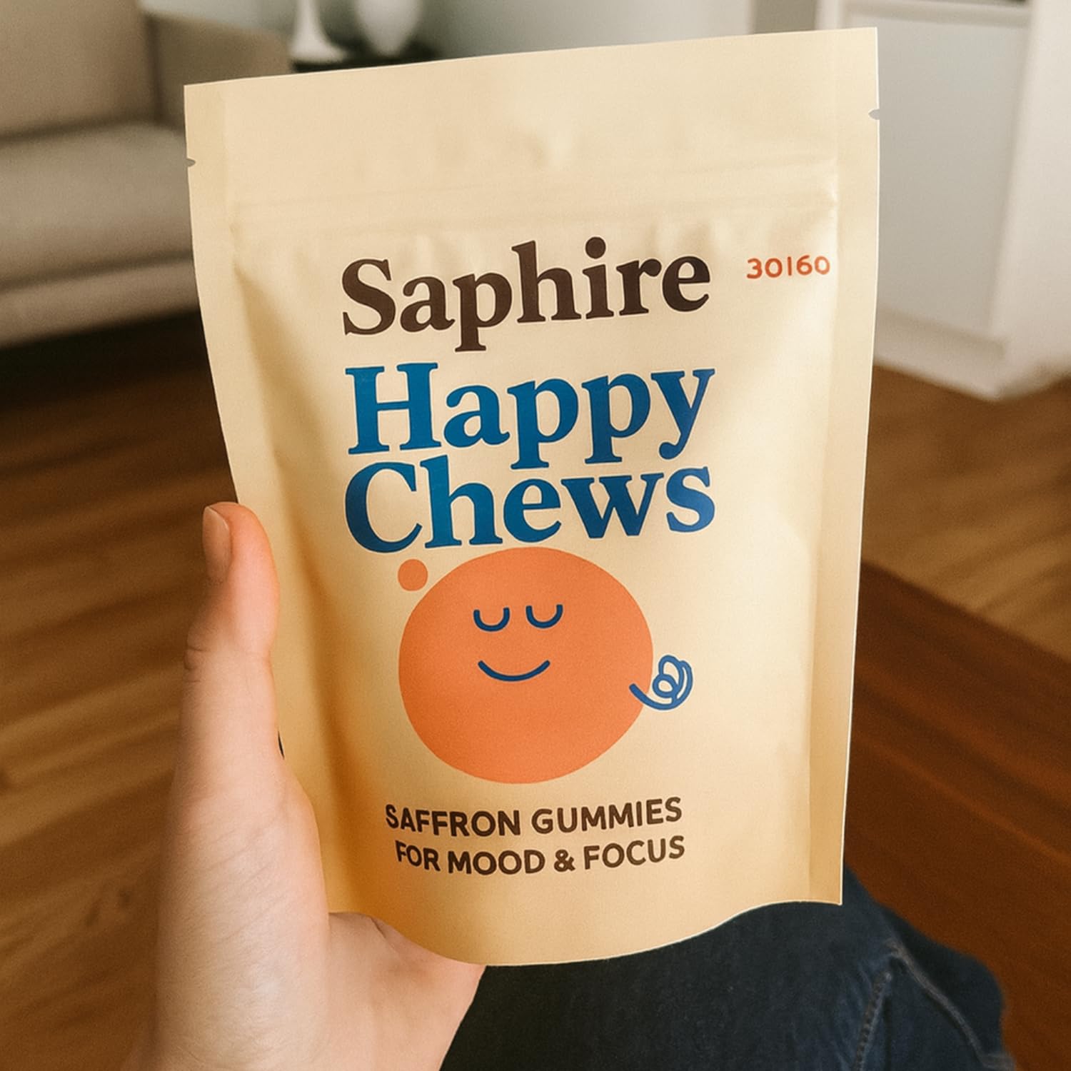 SAPHIRE HAPPY CHEWS empaque lateral con información de uso y advertencias