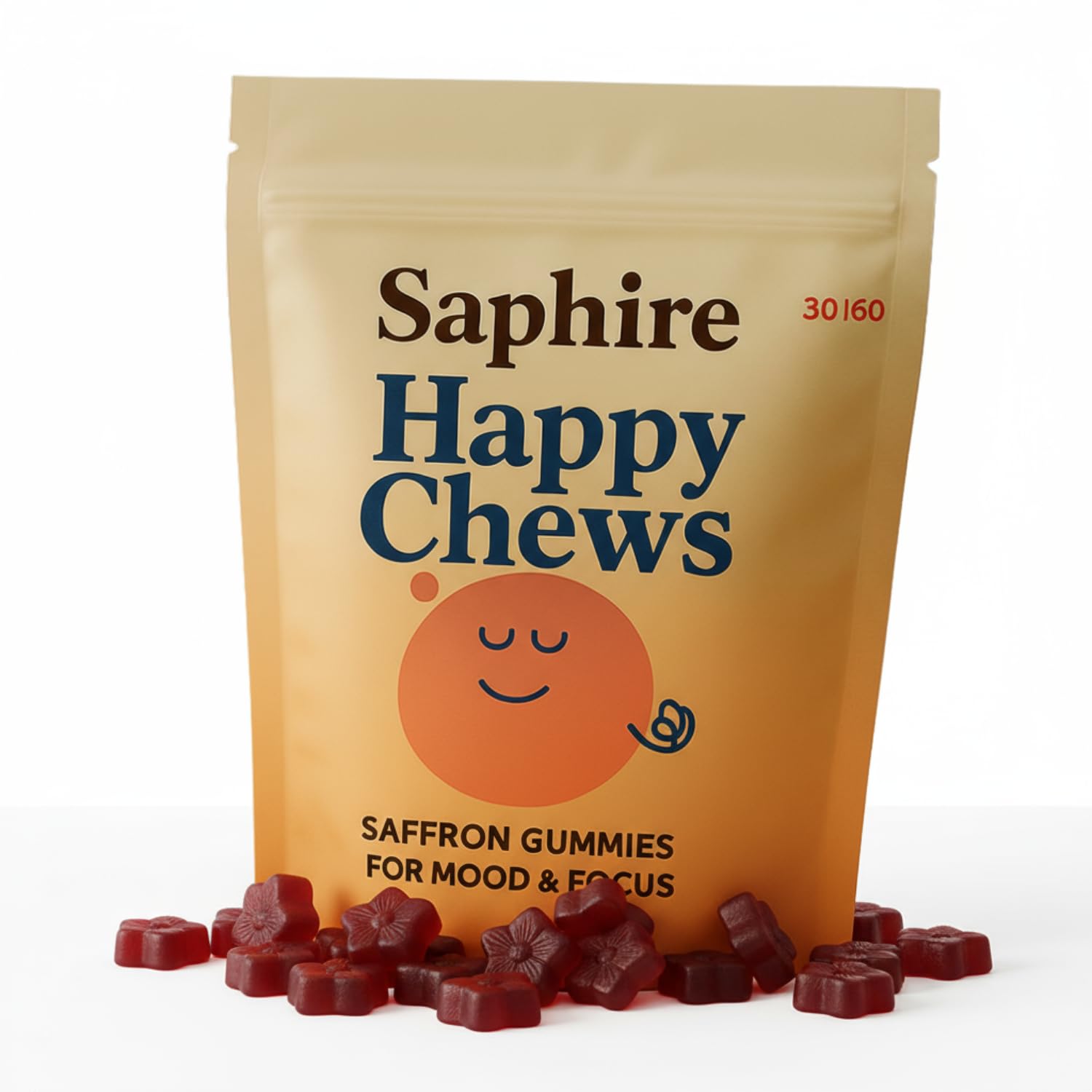SAPHIRE HAPPY CHEWS frasco frontal mostrando 60 gomitas y beneficio práctico