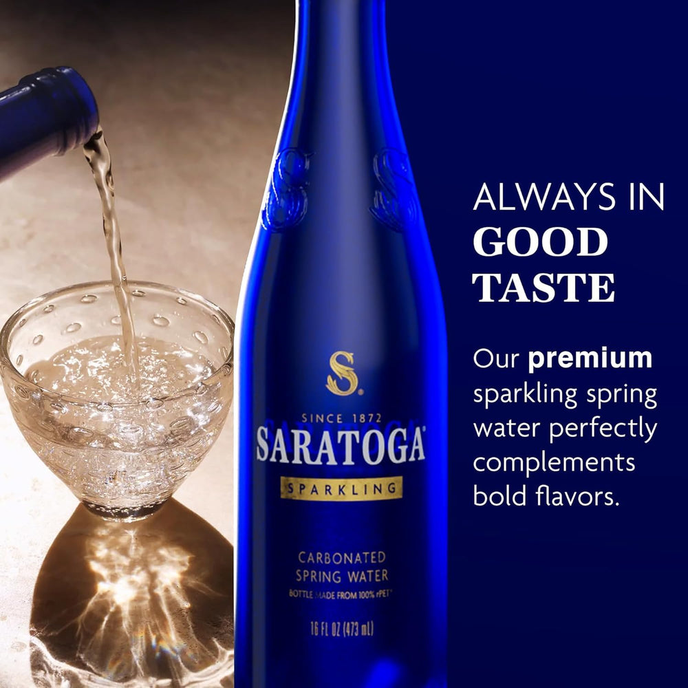 Saratoga detalle botella azul cobalto, textura y color distintivos