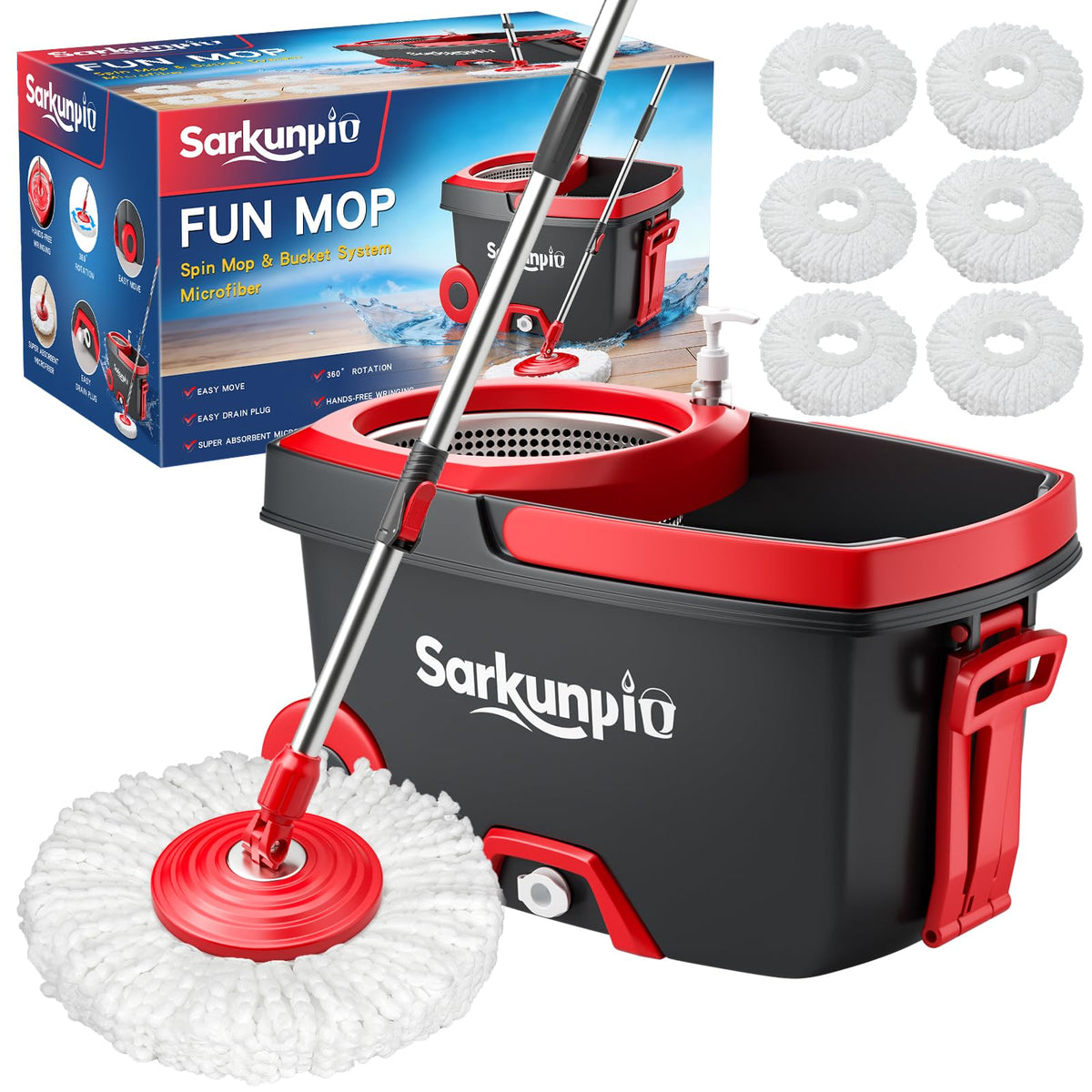 Sarkunpio vista frontal del kit con cubo y mopa, limpieza eficiente