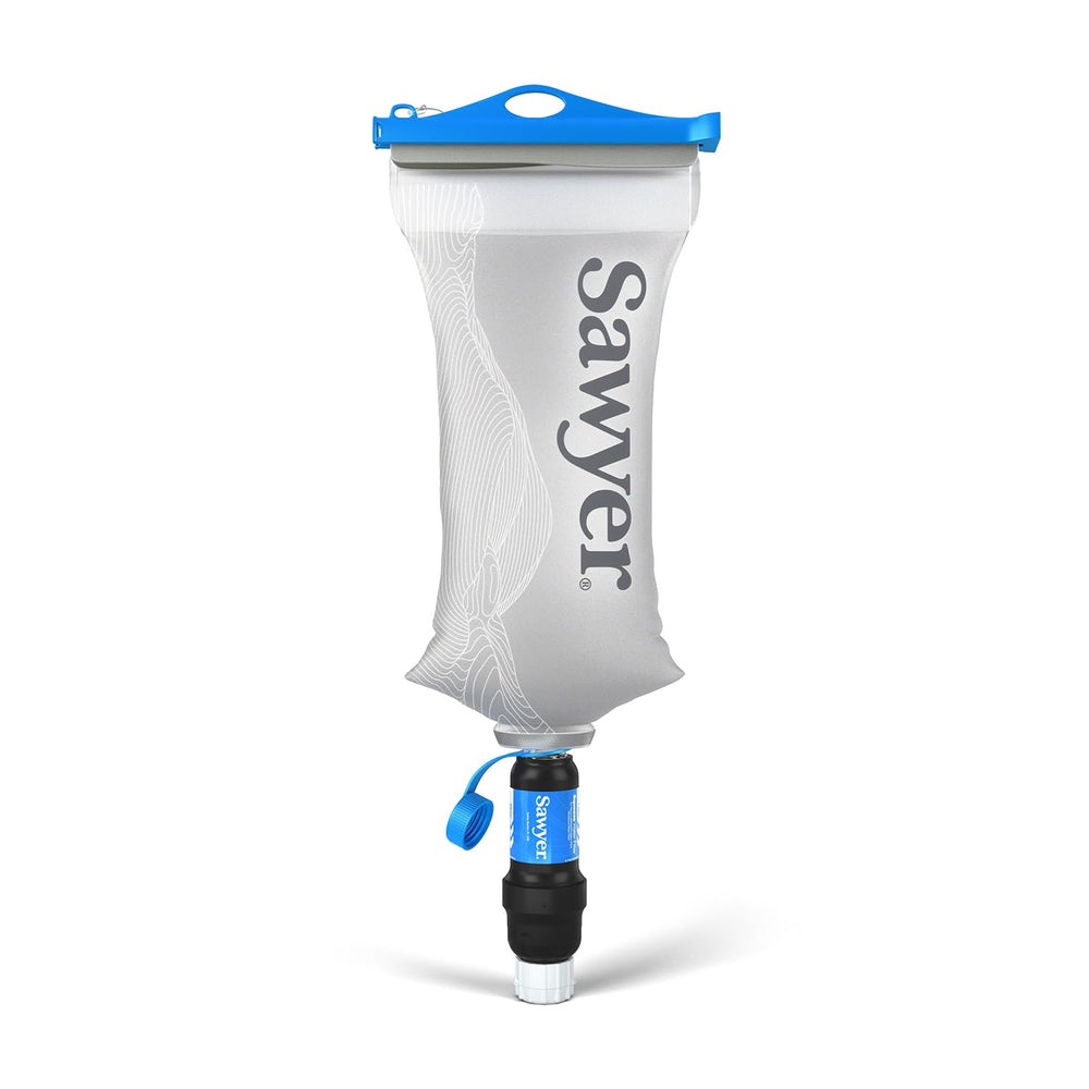 Sawyer filtro Squeeze frente del envase mostrando portabilidad y ligereza