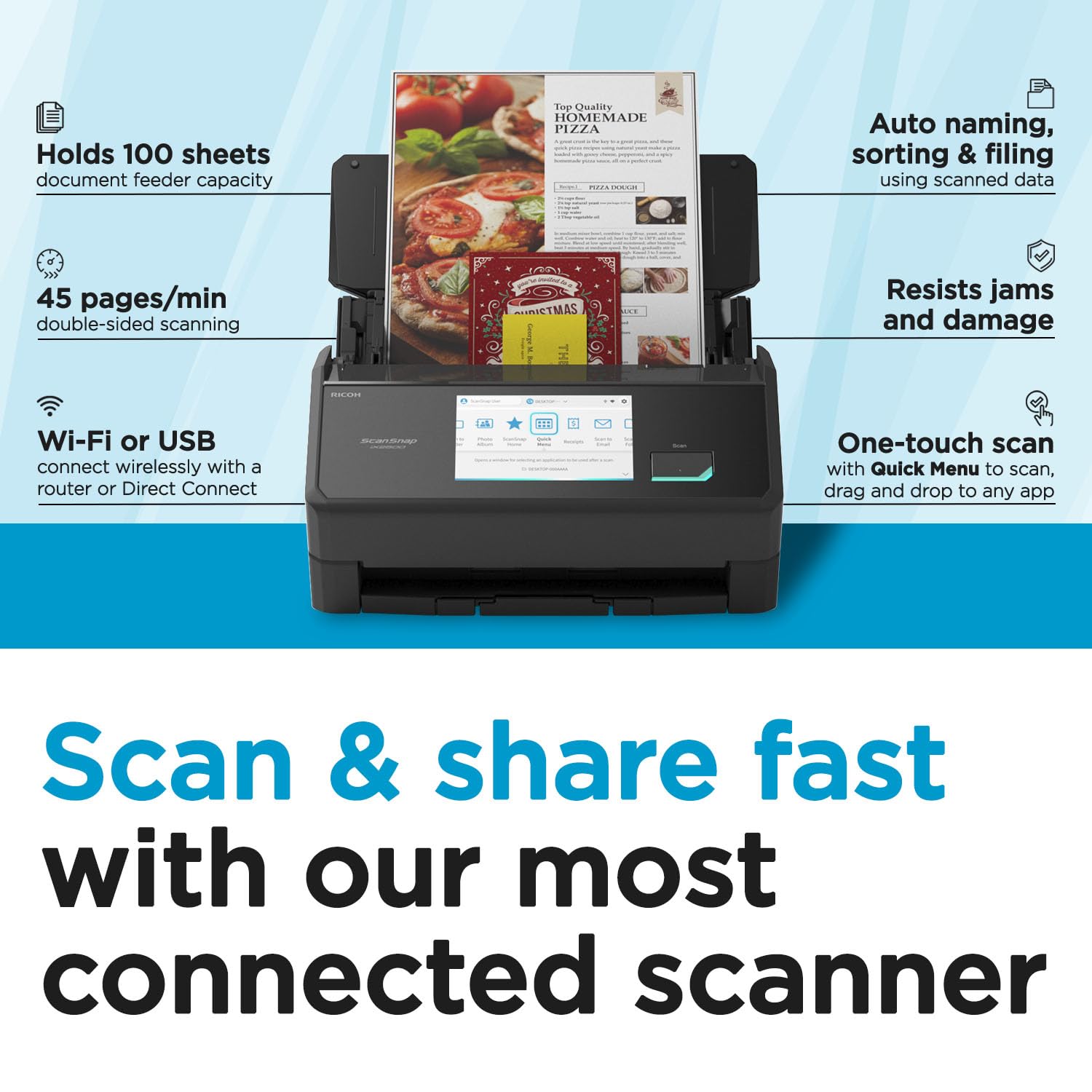 ScanSnap iX2500 pantalla táctil grande y sensible para controles intuitivos