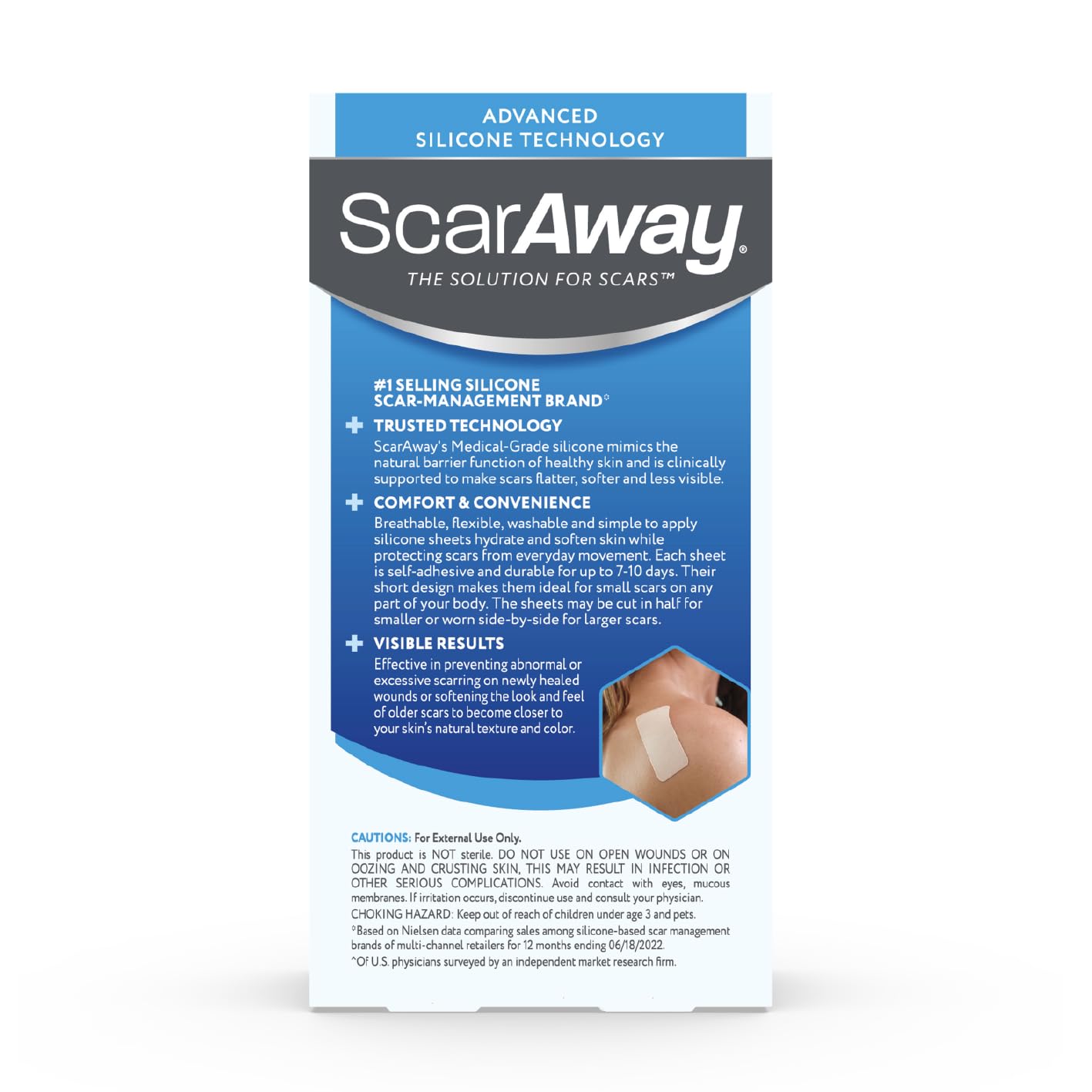 ScarAway etiqueta con instrucciones claras para uso y cuidado