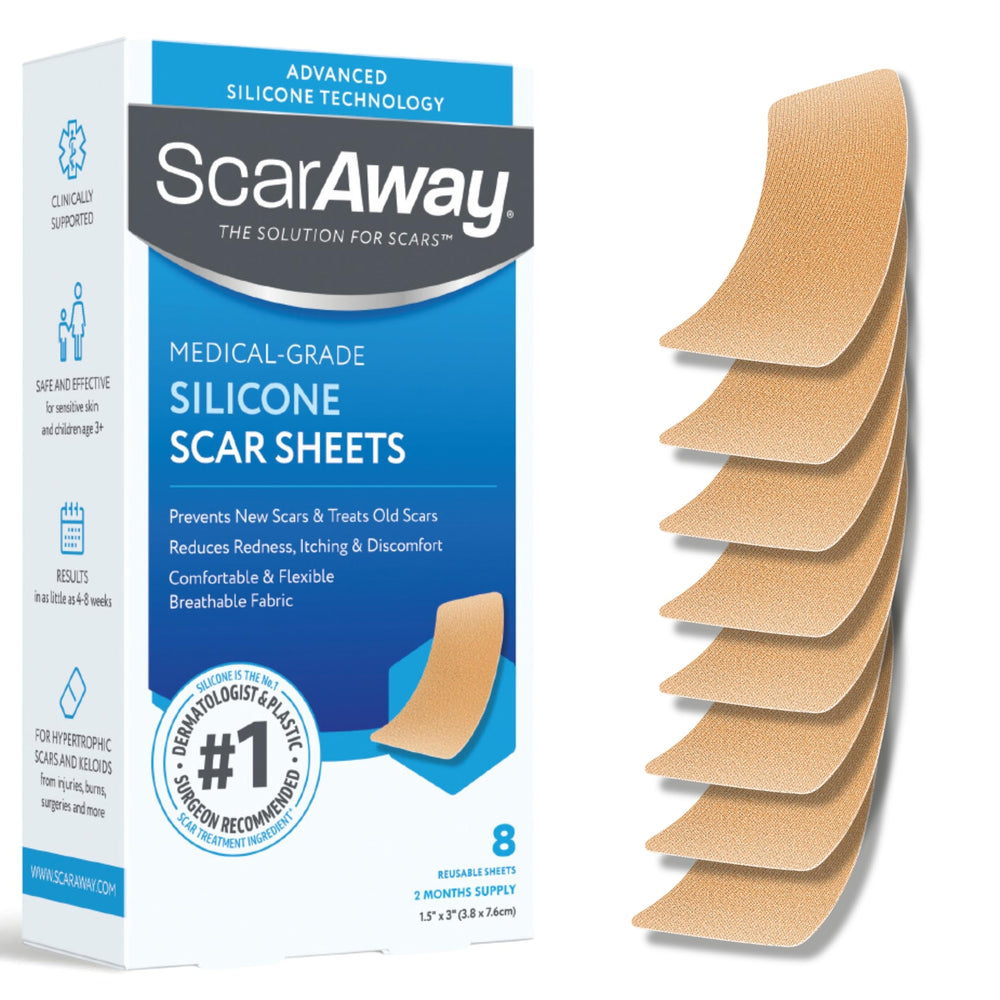 ScarAway empaque frontal mostrando 8 láminas y tamaño compacto
