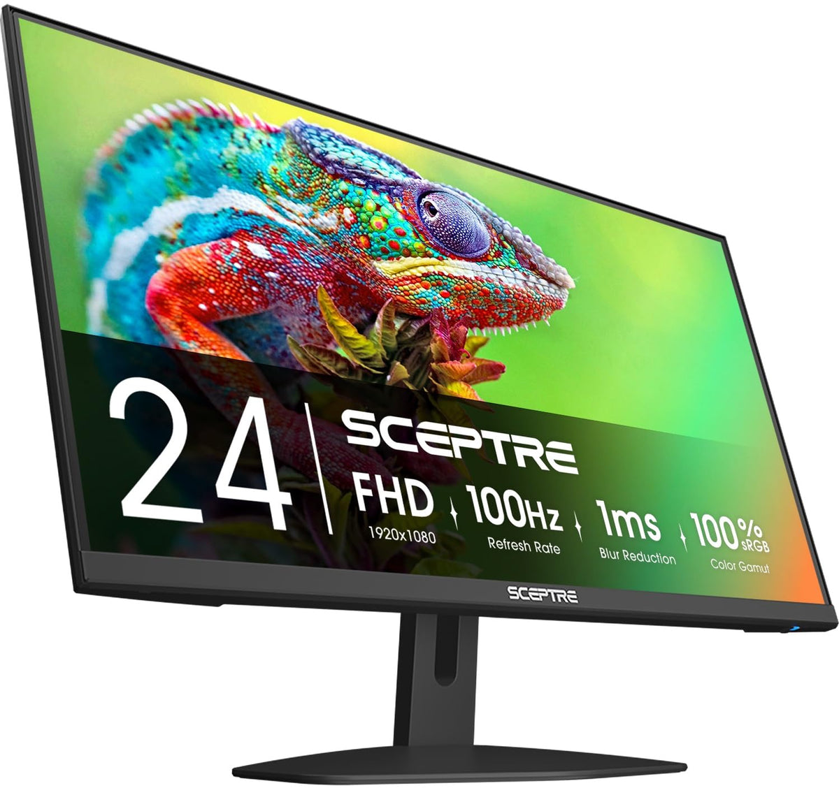 Monitor Sceptre Prime 24 frontal mostrando pantalla y diseño sin bordes, mejora inmersión