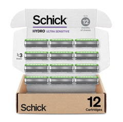 Schick Hydro frente del empaque mostrando 12 recambios y beneficio ahorro