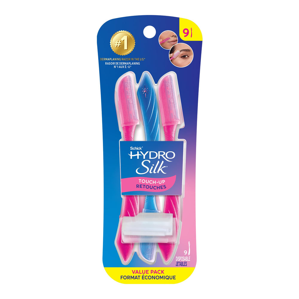 Schick Hydro Silk embalaje frontal mostrando 9 cuchillas y cubierta, práctico