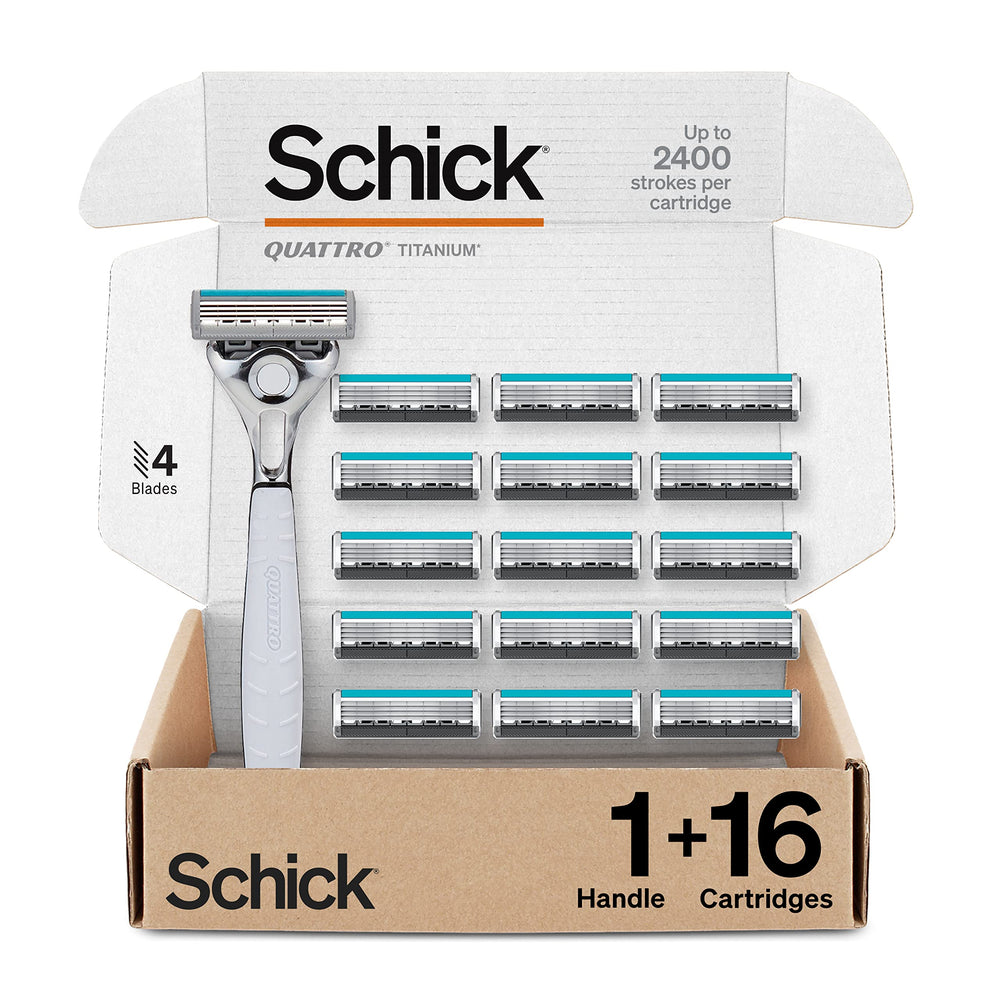 Schick Quattro Titanium vista frontal mostrando el cabezal y beneficio de afeitado apurado