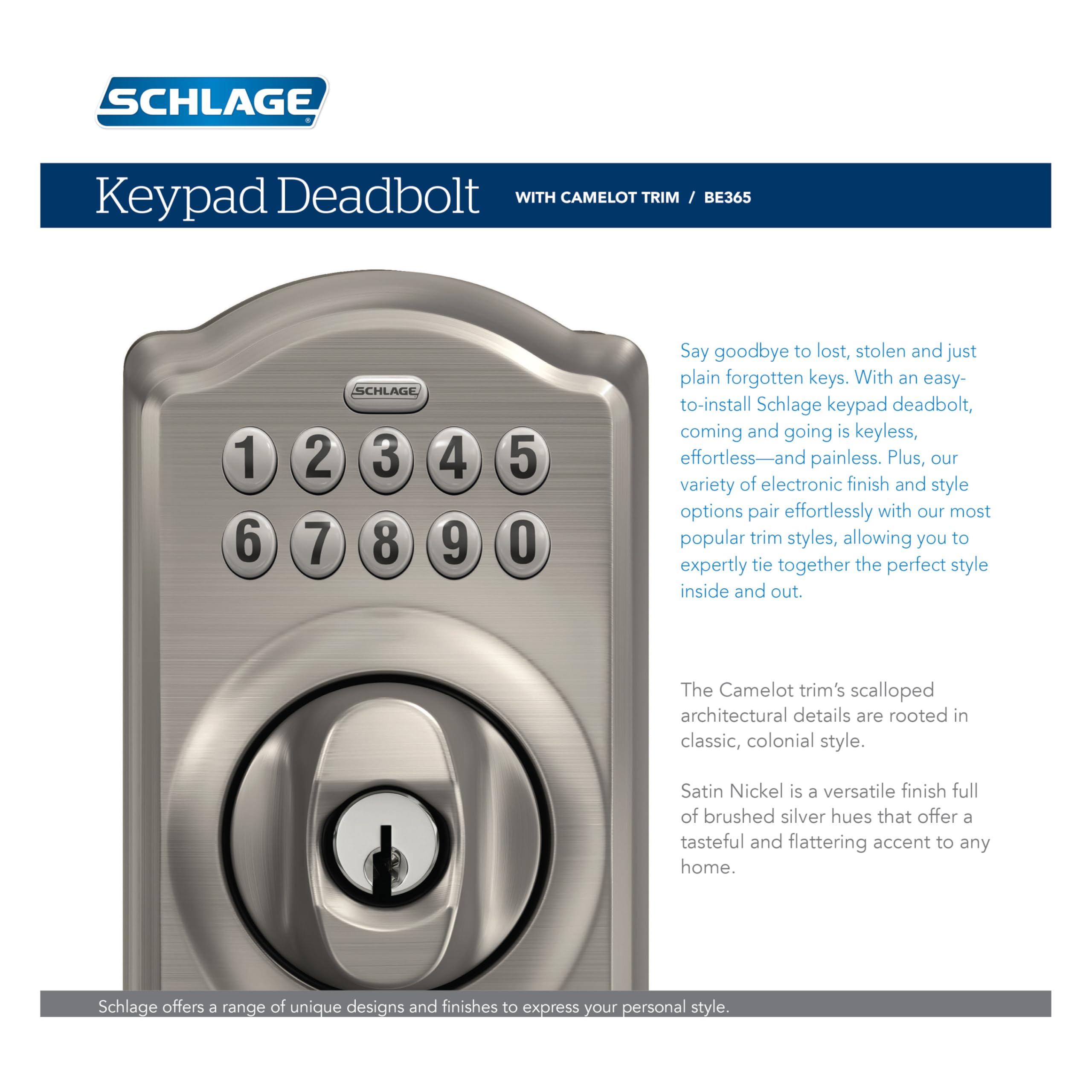 SCHLAGE cerradura instalada en entrada de casa mostrando estilo Camelot y aspecto acogedor