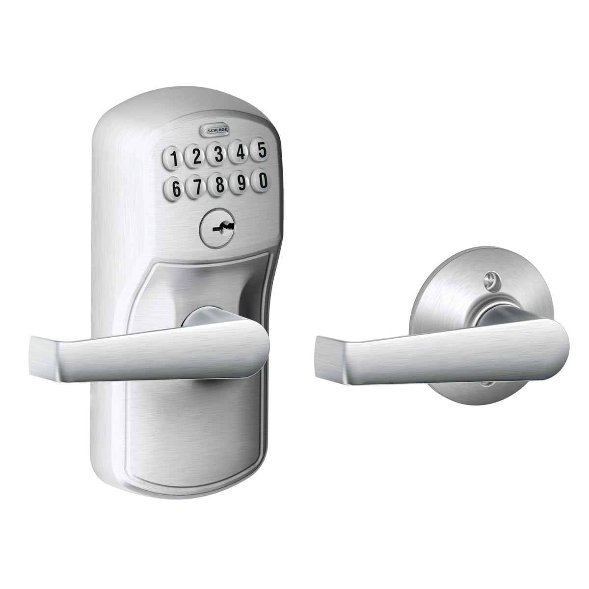 SCHLAGE cerradura frontal Camelot en Satin Chrome mostrando diseño y seguridad