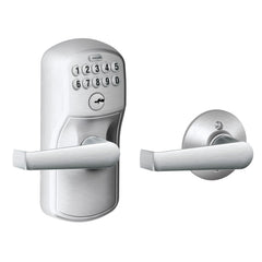 SCHLAGE cerradura frontal Camelot en Satin Chrome mostrando diseño y seguridad