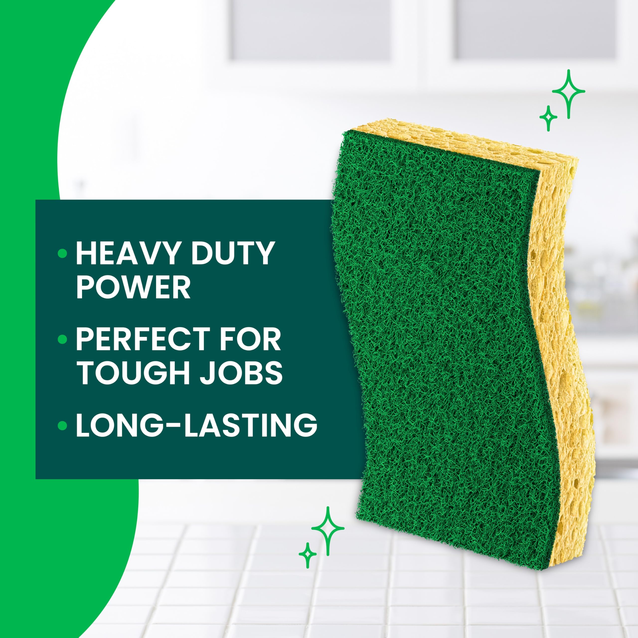 Hand gripping S-shaped Scotch-Brite sponge for controlled scrubbing and comfort