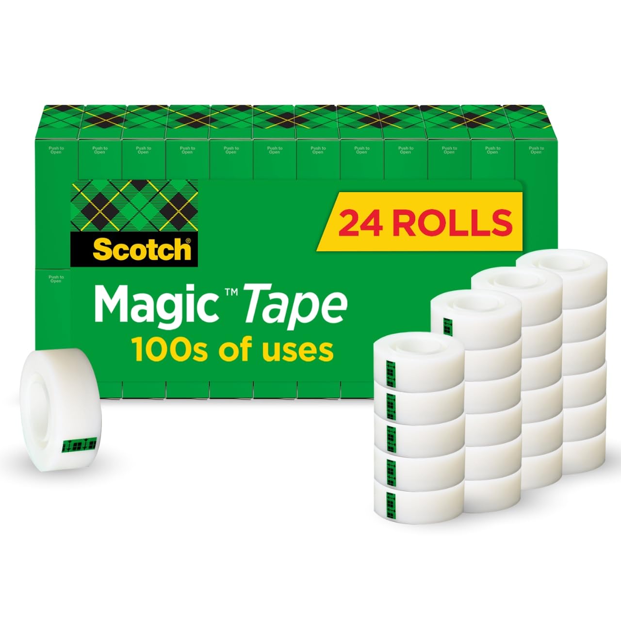 Scotch paquete 24 rollos frontal mostrando cantidad y marca, ideal para reposición