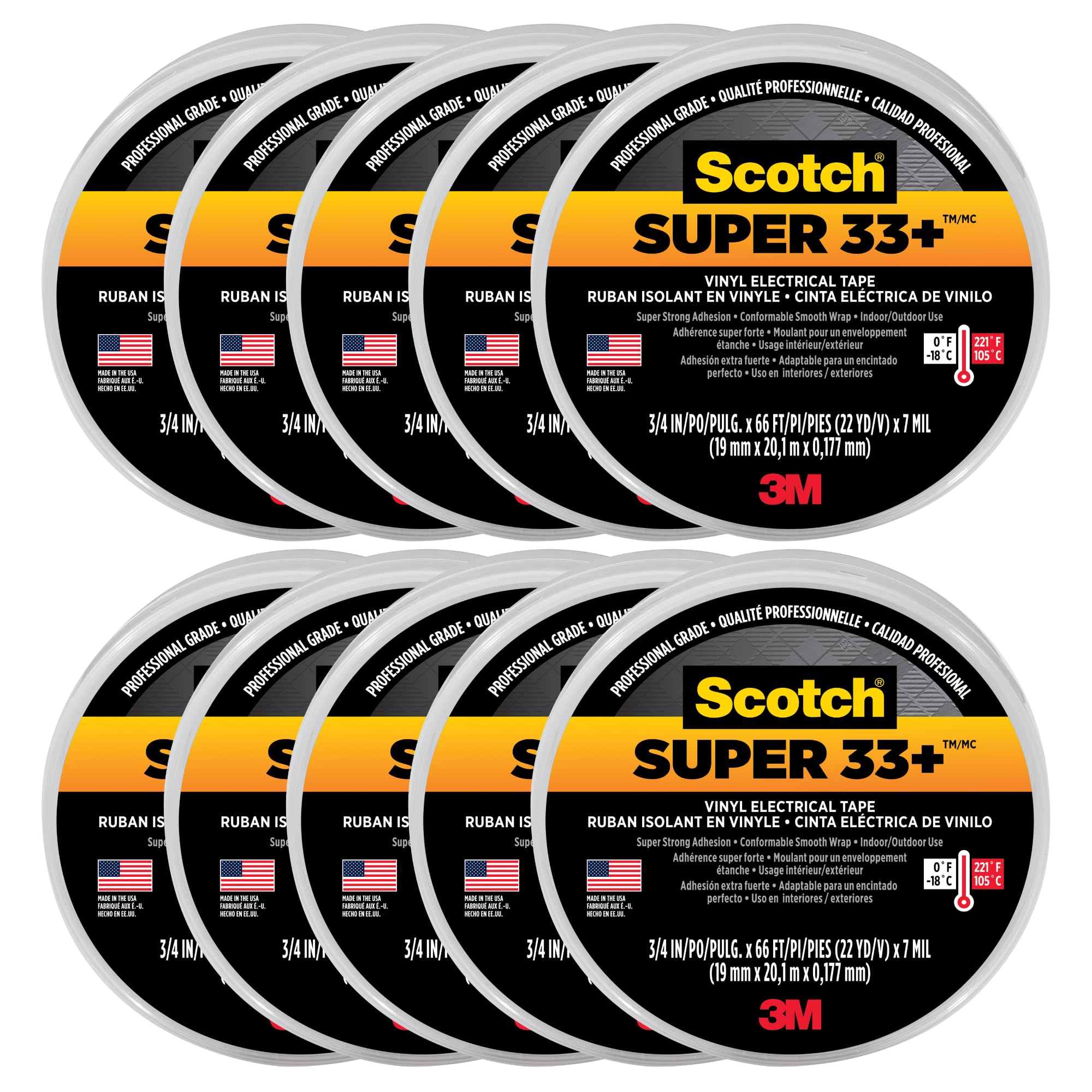 Scotch Super 33+ vista frontal del rollo mostrando tamaño y color negro, durabilidad visible