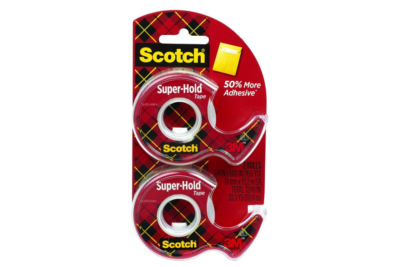 Scotch Super-Hold front packaging showing two rolls and dispenser, reliable supply