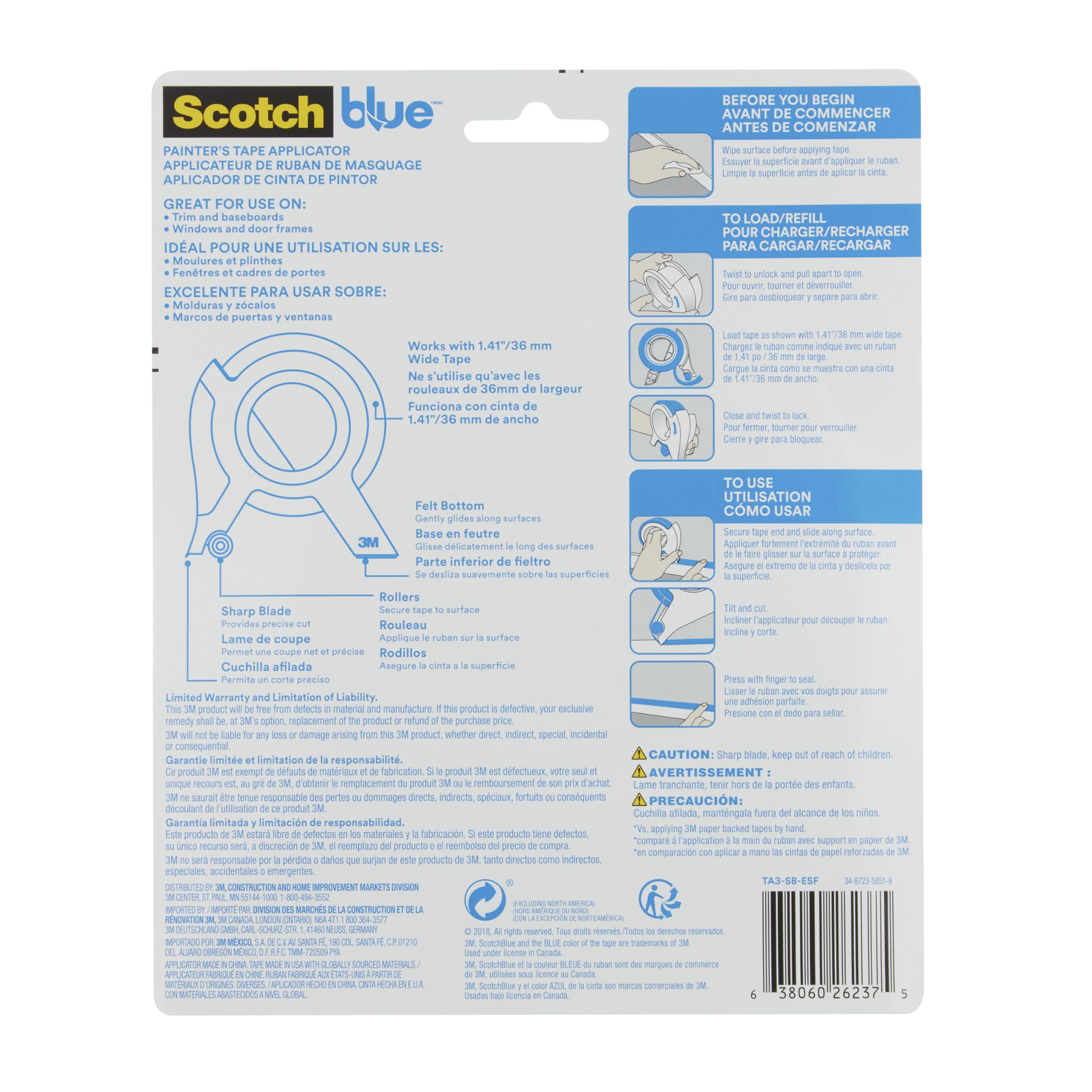 ScotchBlue aplicador en uso sobre una moldura, reduce tiempo de preparación