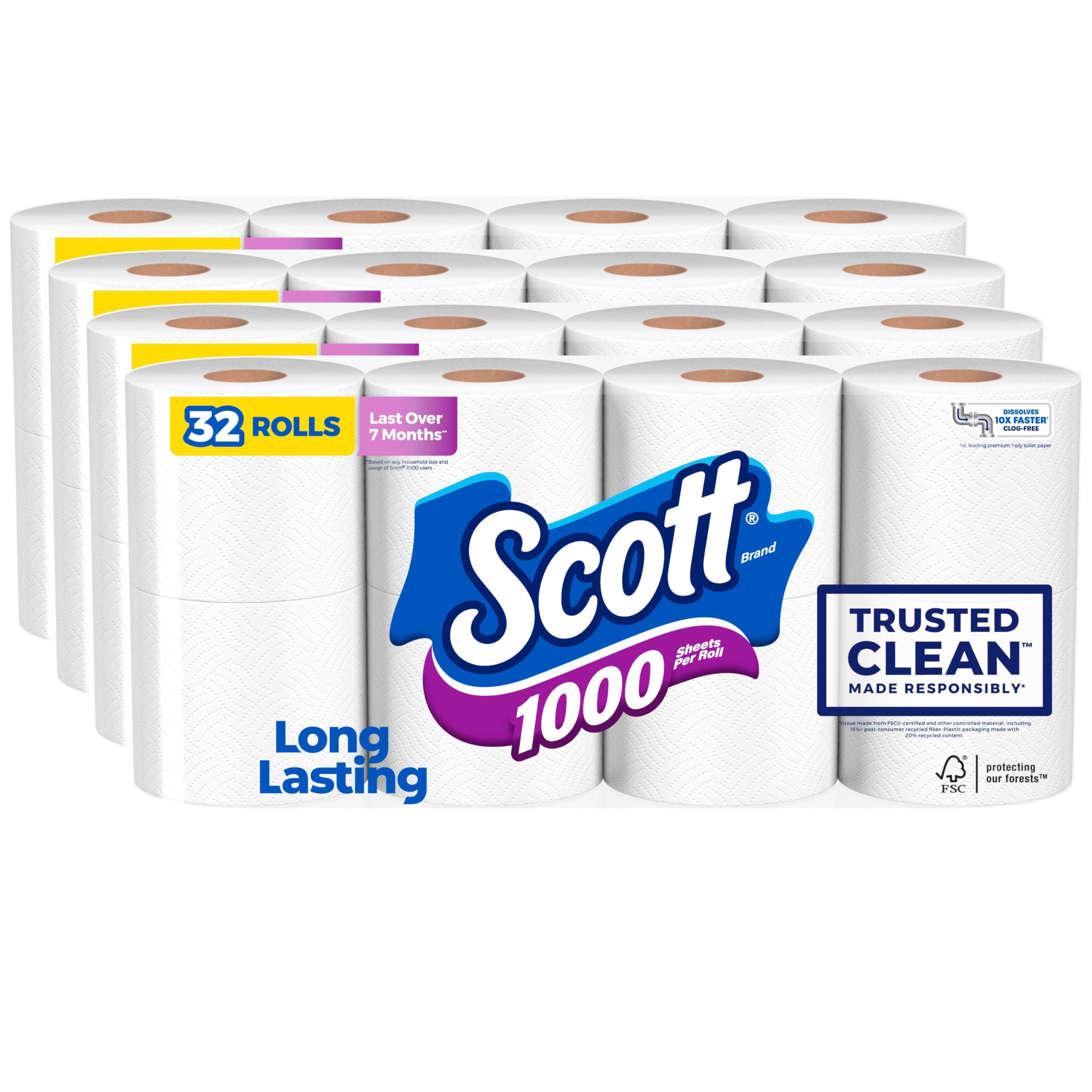 Scott pack frontal de 32 rollos mostrando cantidad y marca, ahorro inmediato
