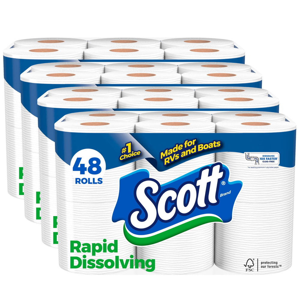 Scott paquete delantero mostrando 48 rollos y ahorro por volumen
