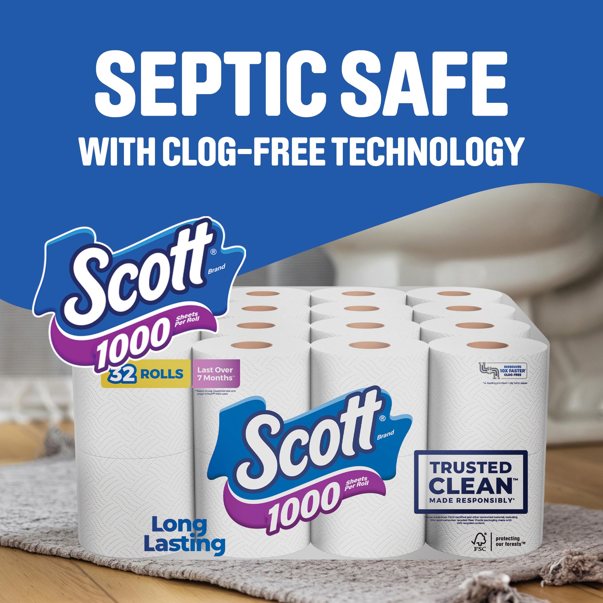 Scott etiqueta del producto destacando 1000 hojas y tecnología de disolución