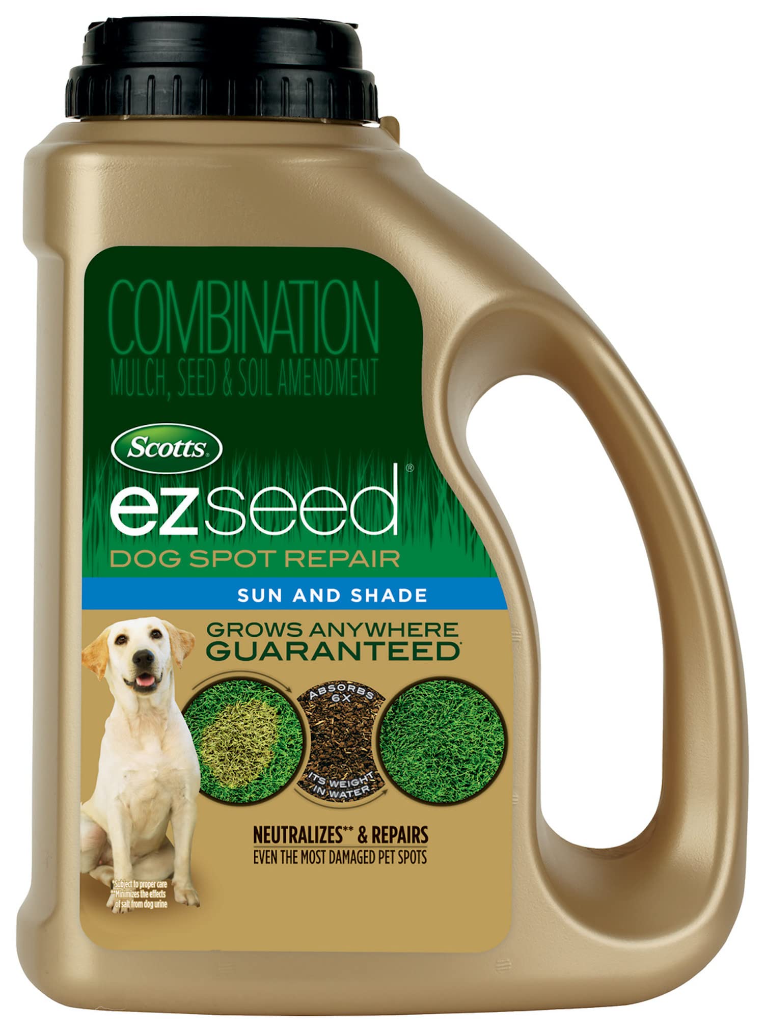 Scotts envase frontal mostrando 2 lb y uso para reparar manchas
