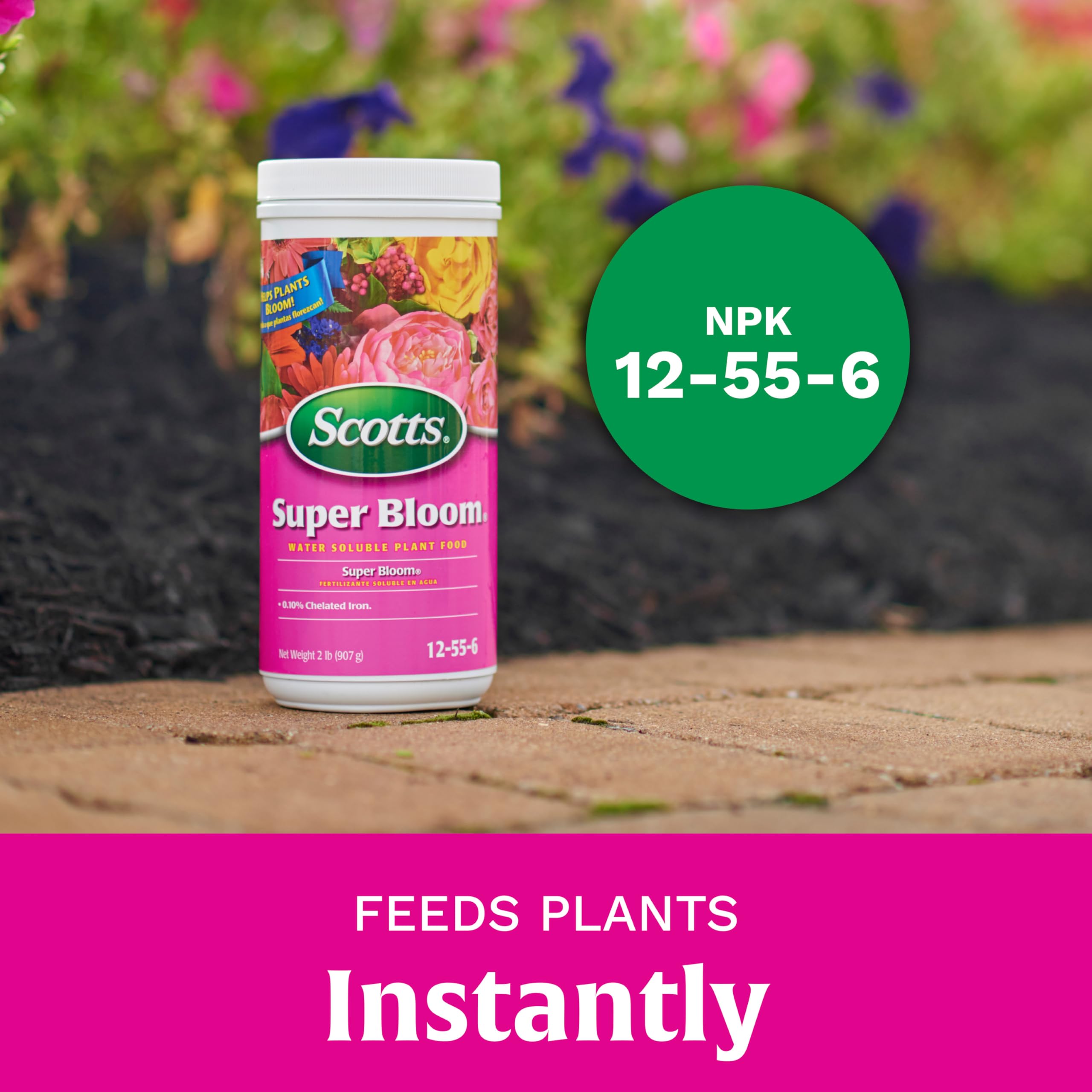 Scotts Super Bloom presentación de 2 lb junto a regla para escala