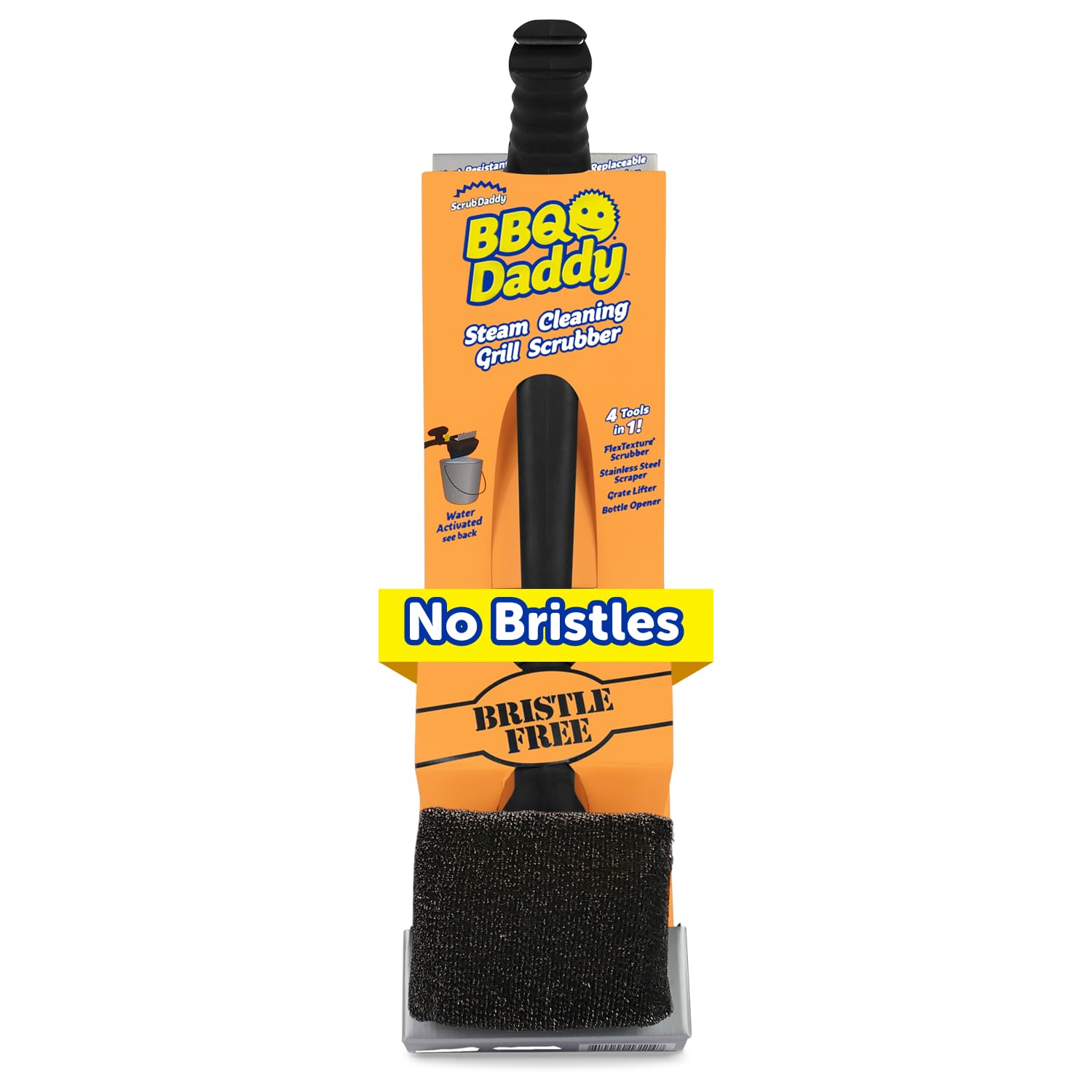 Scrub Daddy front view showing bristle-free head and overall tool for fast grill cleaning