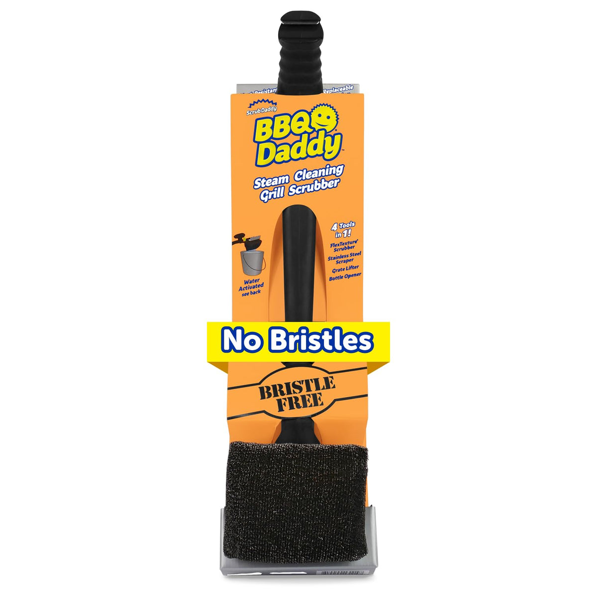 Scrub Daddy front view showing bristle-free head and overall tool for fast grill cleaning