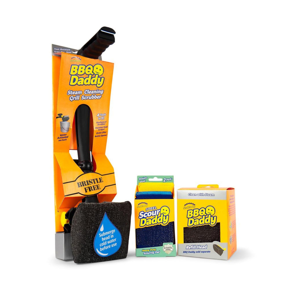 Scrub Daddy front view of BBQ Daddy kit showing complete tool and accessories for efficient cleaning
