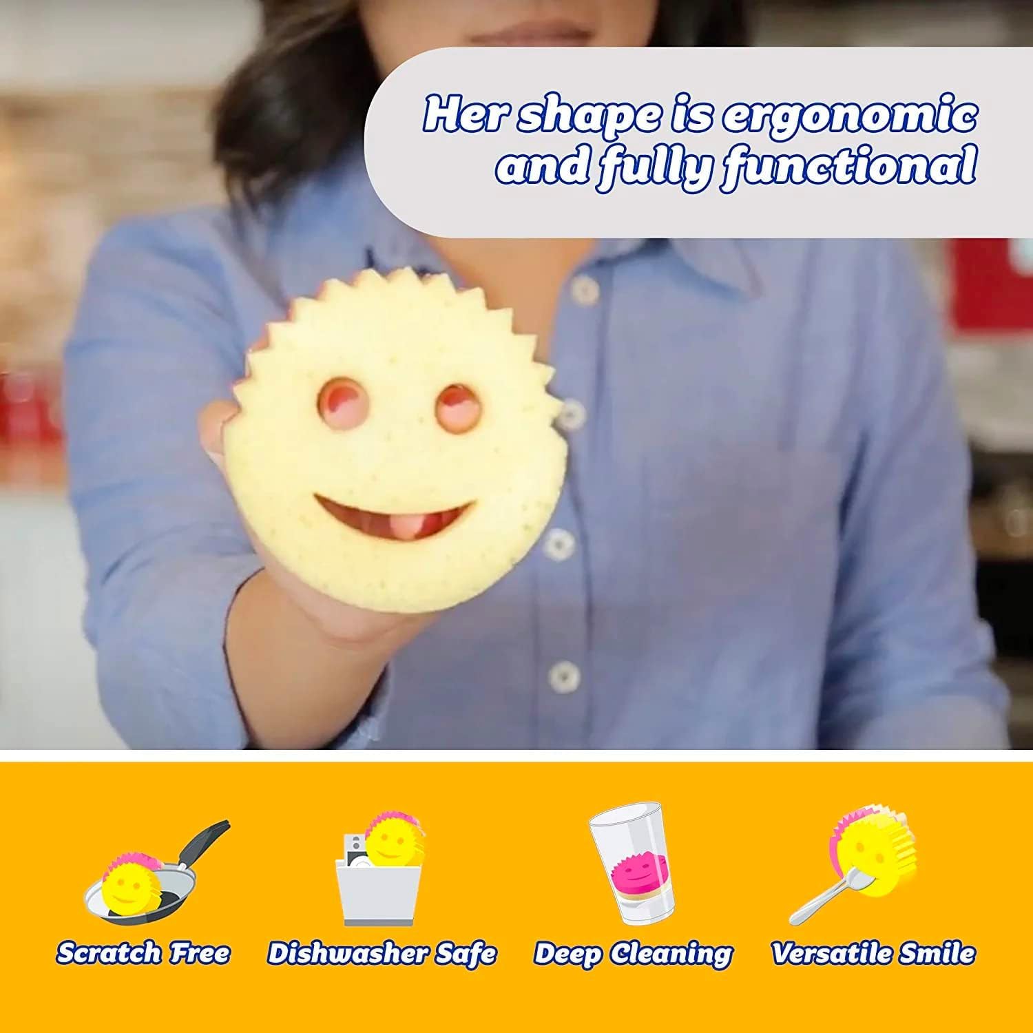 Scrub Daddy comparación de tamaño junto a mano para ver la escala