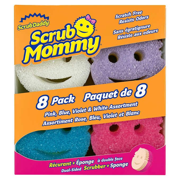 Scrub Daddy empaque frontal mostrando pack de 8 unidades y facilidad de uso