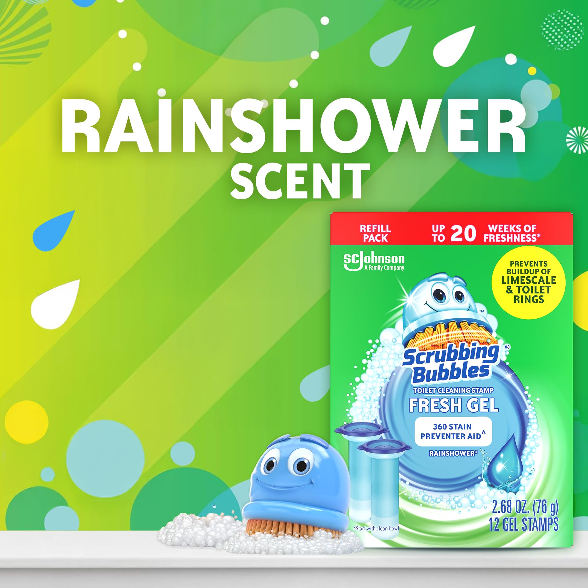 Scrubbing Bubbles recambio junto a una mano para comparar tamaño práctico