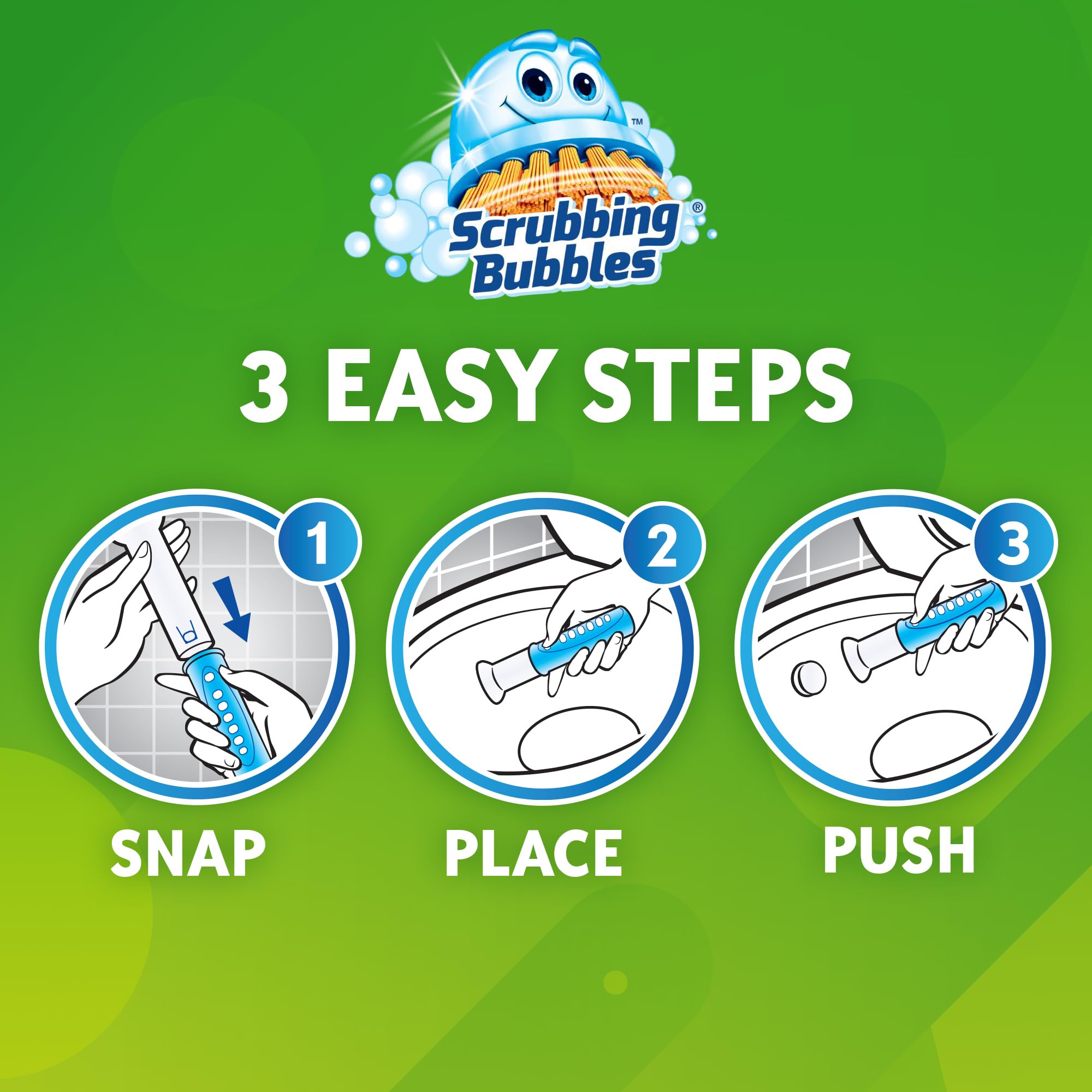 Scrubbing Bubbles etiqueta del producto con instrucciones y beneficios claros