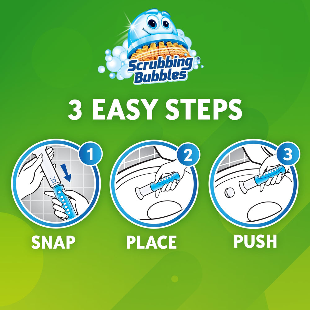 Scrubbing Bubbles etiqueta del producto con instrucciones y beneficios claros
