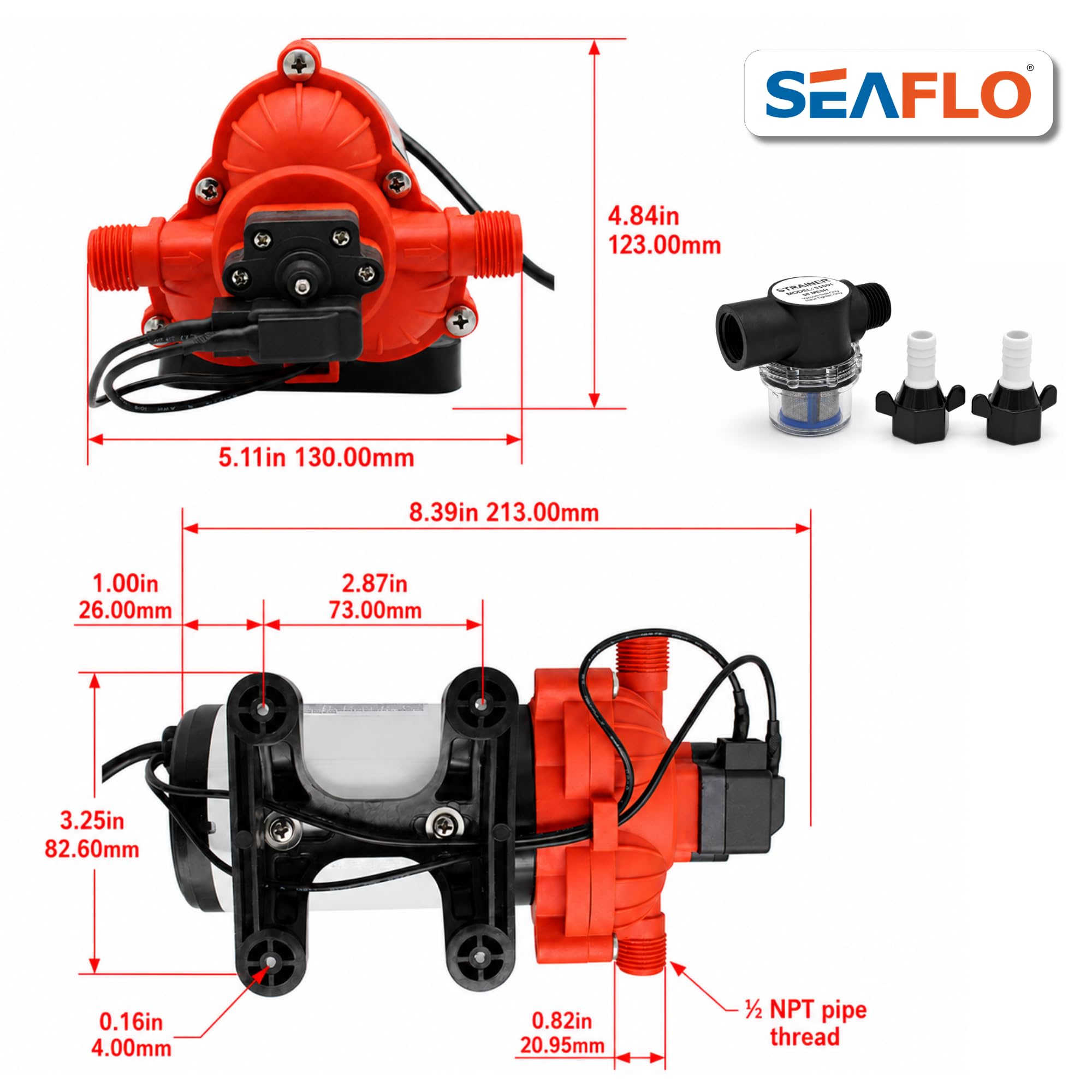 SEAFLO bomba 33 Series etiqueta con certificaciones NSF y UL visibles