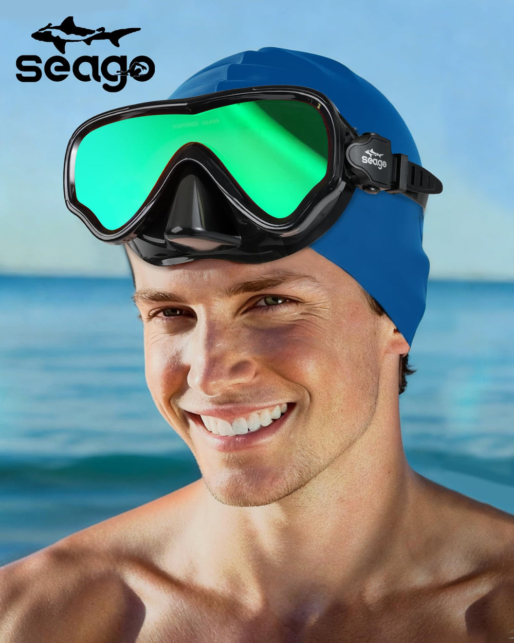 Seago nadador usando las gafas en piscina demostrando visión clara