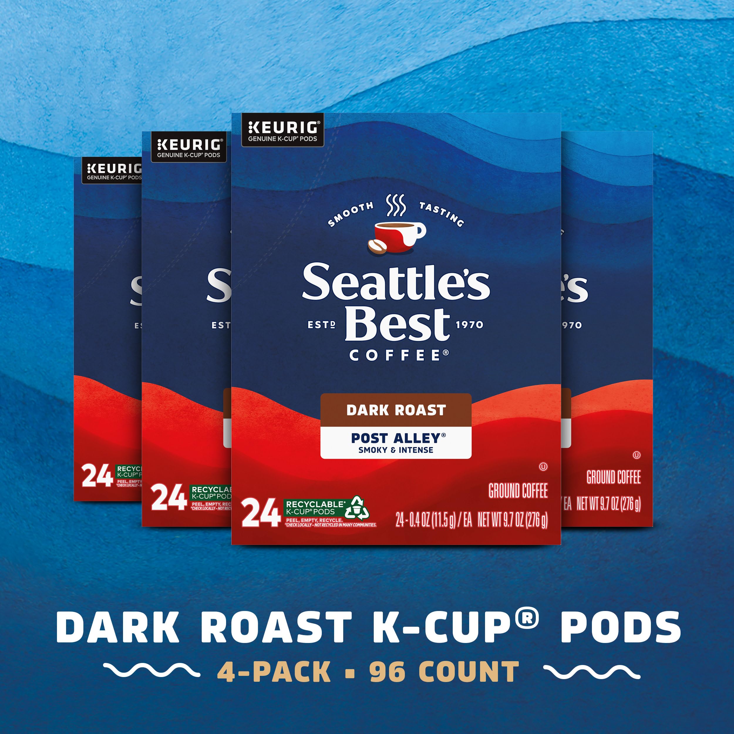 Seattle's Best cápsulas K-Cup Post Alley dispuestas en fila, fácil acceso y almacenamiento