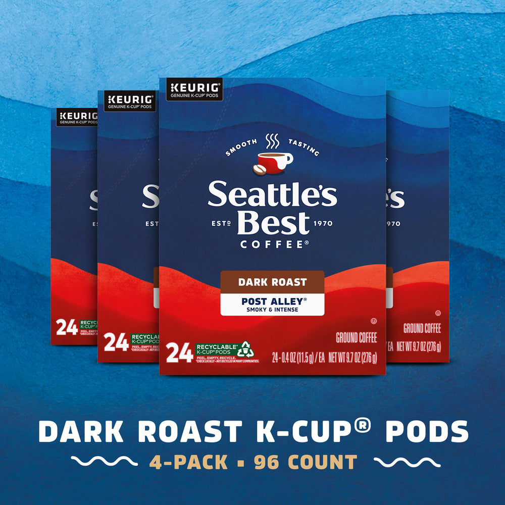 Seattle's Best cápsulas K-Cup Post Alley dispuestas en fila, fácil acceso y almacenamiento