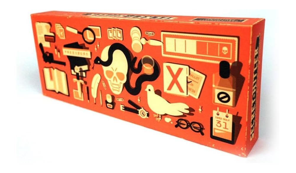 Secret Hitler empaque frontal elegante mostrando componentes y branding, atractivo visual