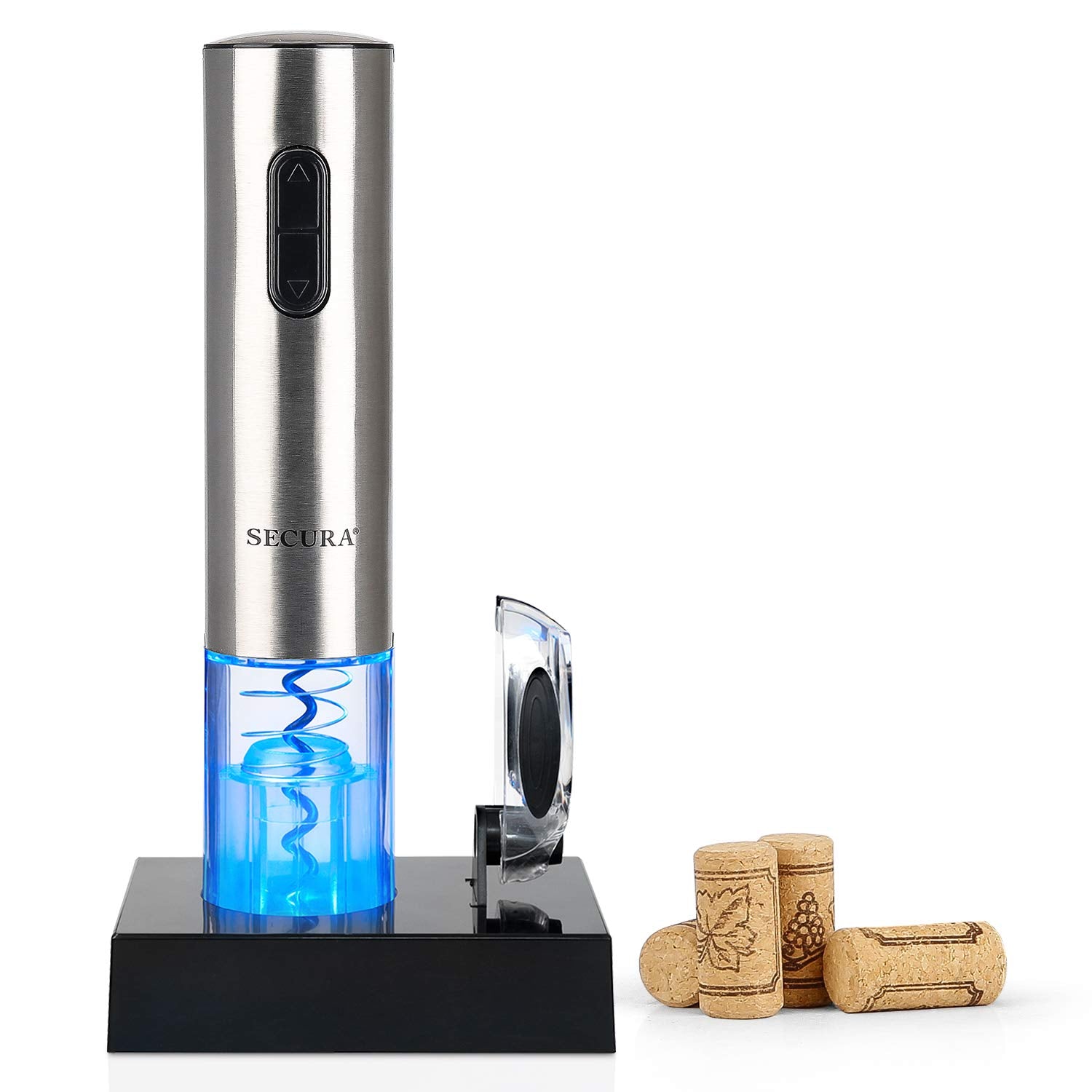 Secura electric opener front view showing sleek stainless steel and clear housing; quick reliable use
