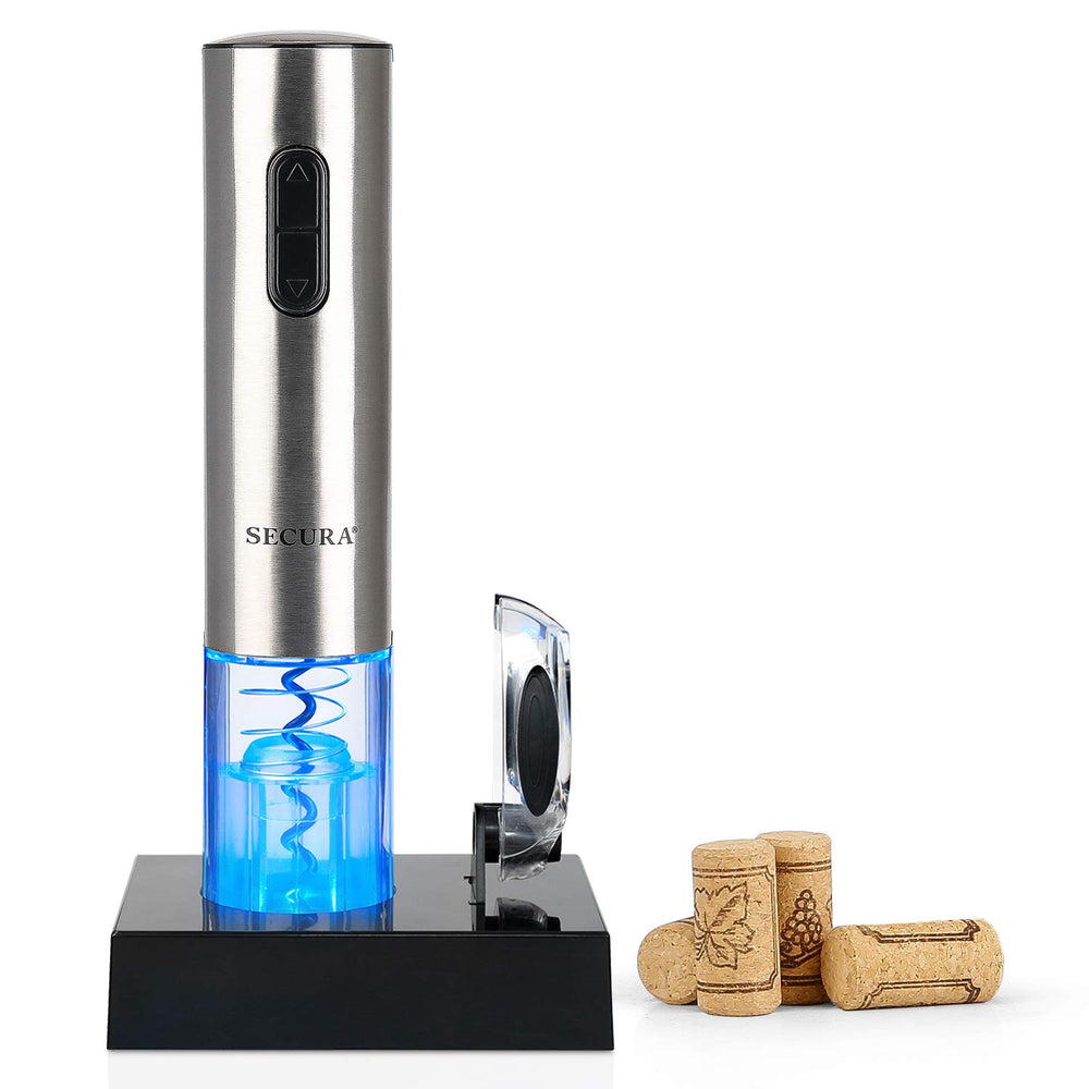 Secura electric opener front view showing sleek stainless steel and clear housing; quick reliable use